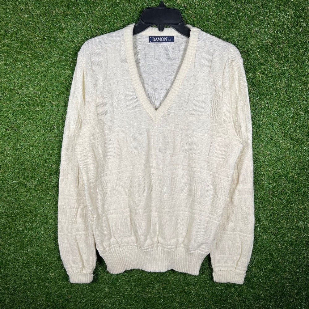 Damon Mens V-Neck Sweater Medium Cream White Textured Geometric‎ Knit Pullover